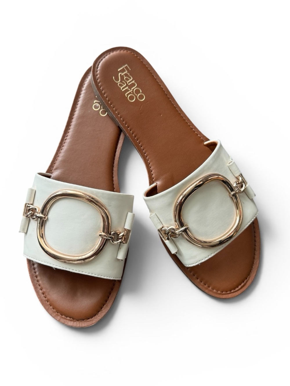 Franco Sarto White Slide Sandals with Gold Ring Accent